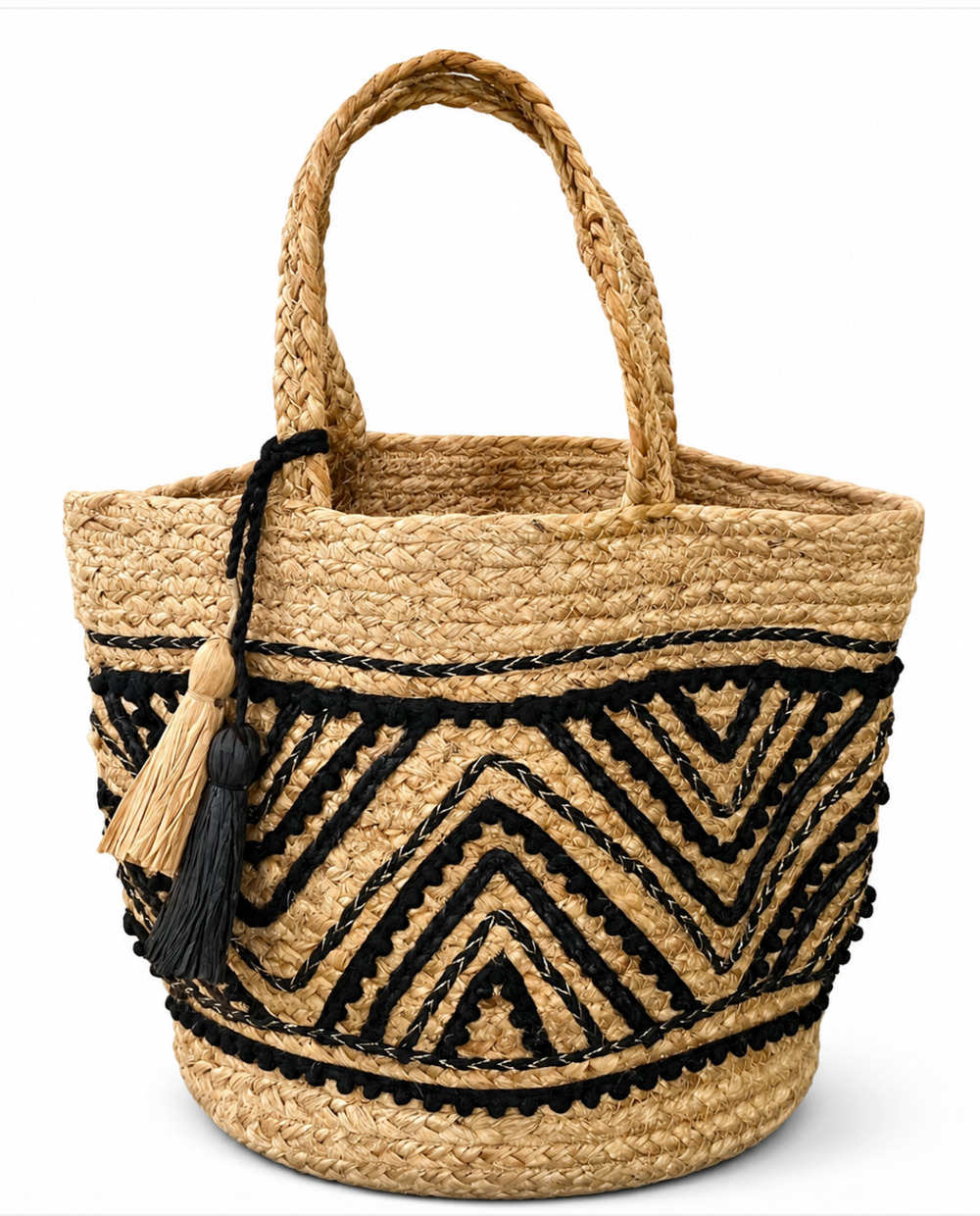 NEW CHICO'S POM POM JUTE BLACK ZIG ZAG EMBELLISHED TOTE BAG